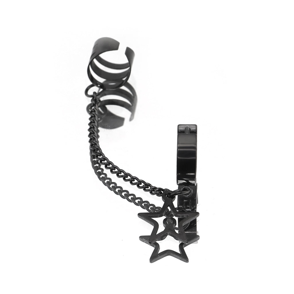 Black & White Chain Pentagram Stainless Steel Ear Clips - Black & White Chain Pentagram Stainless Steel Ear Clips - Black / Single by CRUXJEWELRY