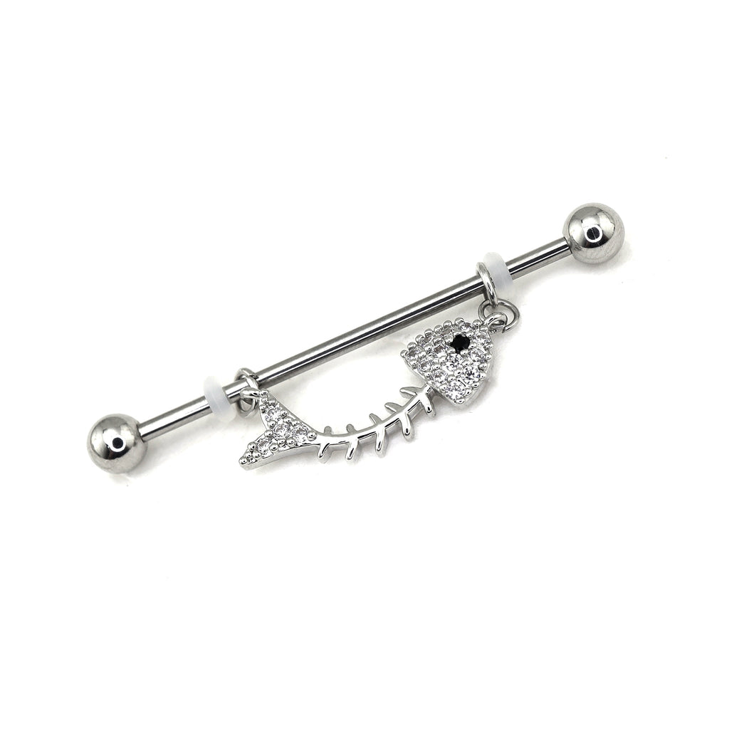 Fishbone CZ Stainless Steel Industrial Barbell - Fishbone CZ Stainless Steel Industrial Barbell - 34mm by CRUXJEWELRY