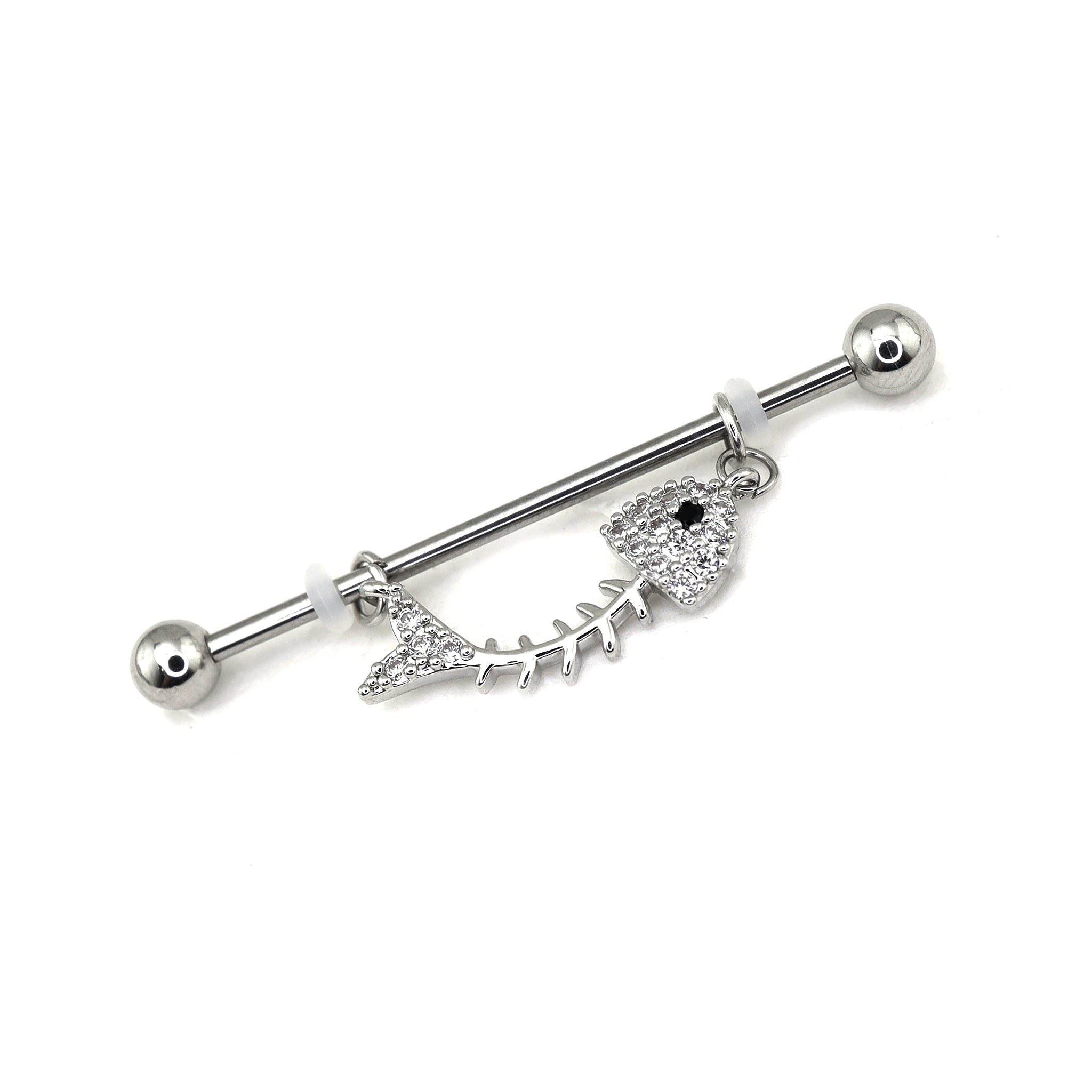 Fishbone CZ Stainless Steel Industrial Barbell - Fishbone CZ Stainless Steel Industrial Barbell - 34mm by CRUXJEWELRY